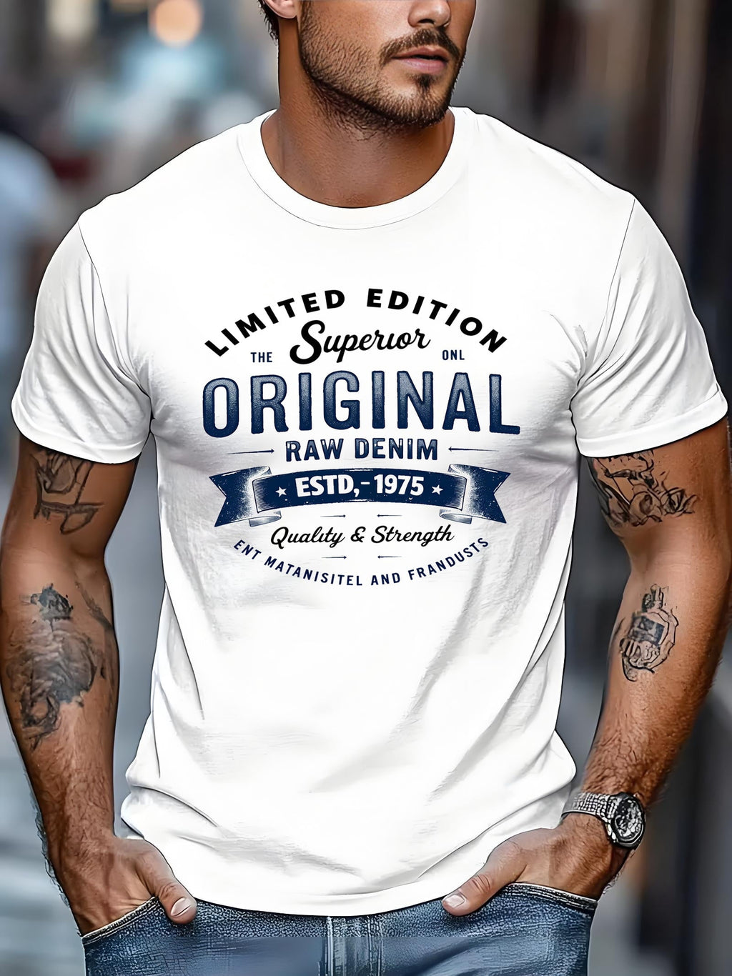 Men’s Vintage Graphic Short‑Sleeve T‑Shirt, Retro Raw Denim Style Print Crew Neck Casual Top，Men Tshirts