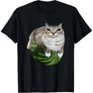 Mens Watermelon Cat Meme Print Tee Crew Neck Soft Comfort Street Sport Top
