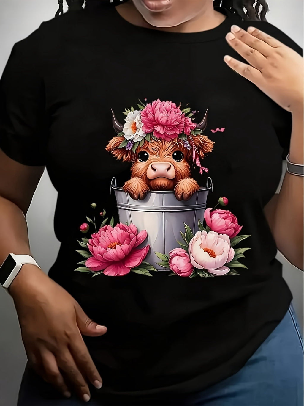 Plus Size Cute Highland Cow In Bucket T-Shirt Floral Graphic Tee Women's Casual Short Sleeve Crewneck Top