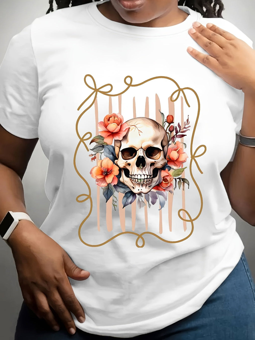 Plus-Size Halloween Cowboy Skull & Floral Print T-Shirt