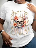 Plus-Size Halloween Cowboy Skull & Floral Print T-Shirt
