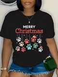 Plus Size Merry Christmas T-Shirt Cute Dog Paw Print Graphic Tee Women's Holiday Short Sleeve Crewneck Top