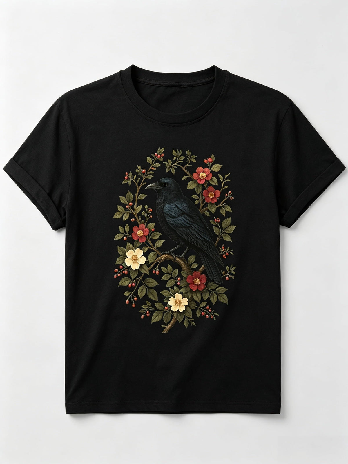 Raven Floral T-Shirt Botanical Crow Graphic Tee Women Men Casual Top