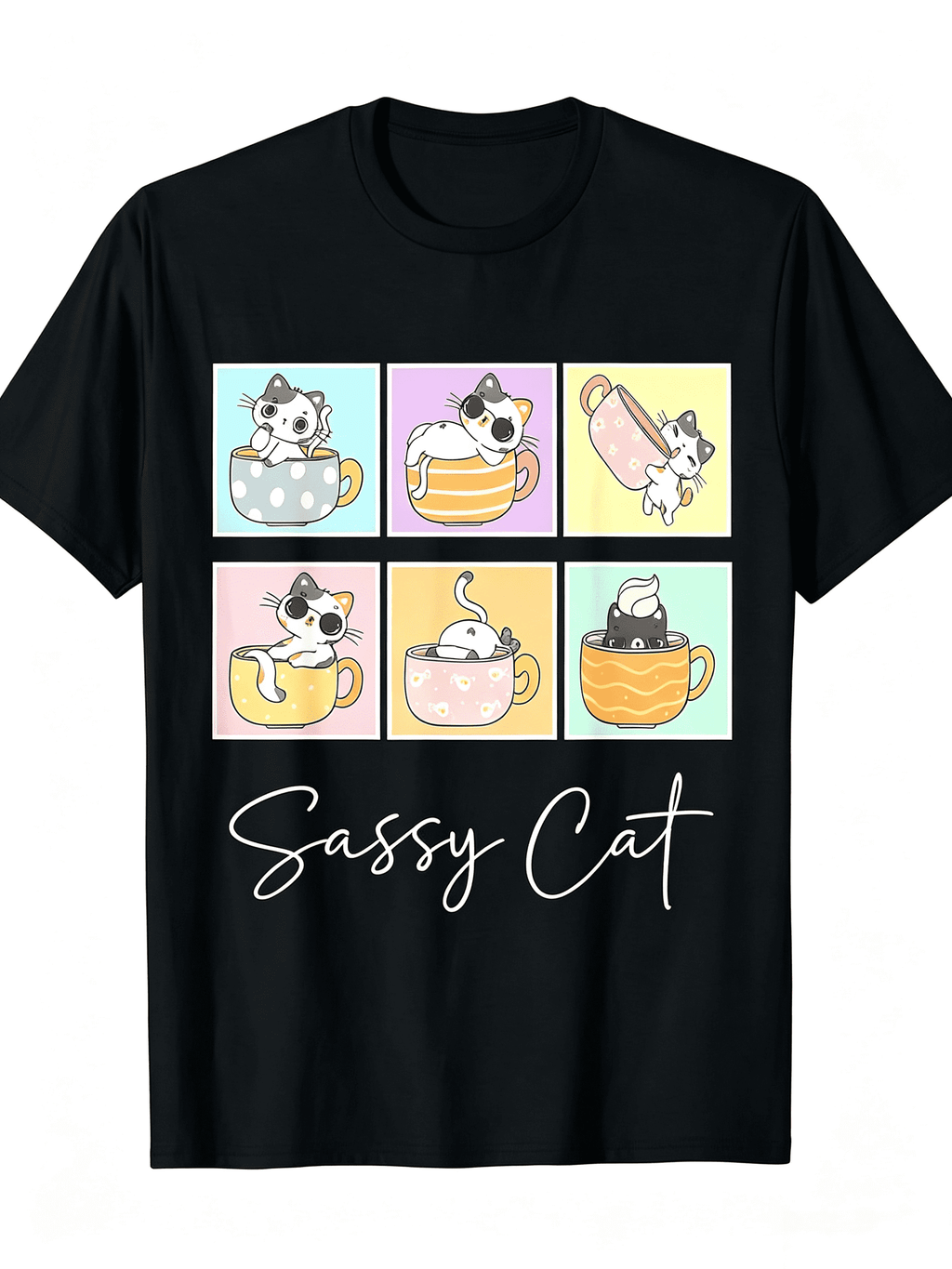 Sassy Cat Lover Gift T-Shirt Funny Cute Cats Coffee Cups Graphic Tee