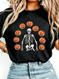Skull Playing Pumpkin Print T-Shirt, High-Quality Wax Printed Cotton Retro Fashion Brand T-Shirt,
