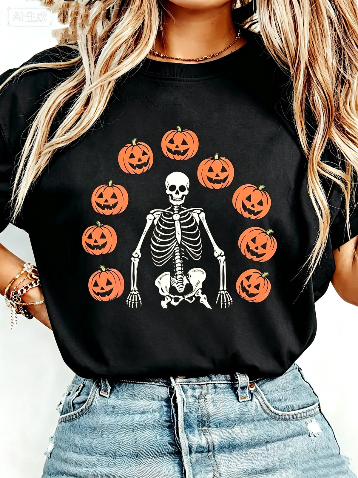 Skull Playing Pumpkin Print T-Shirt, High-Quality Wax Printed Cotton Retro Fashion Brand T-Shirt,
