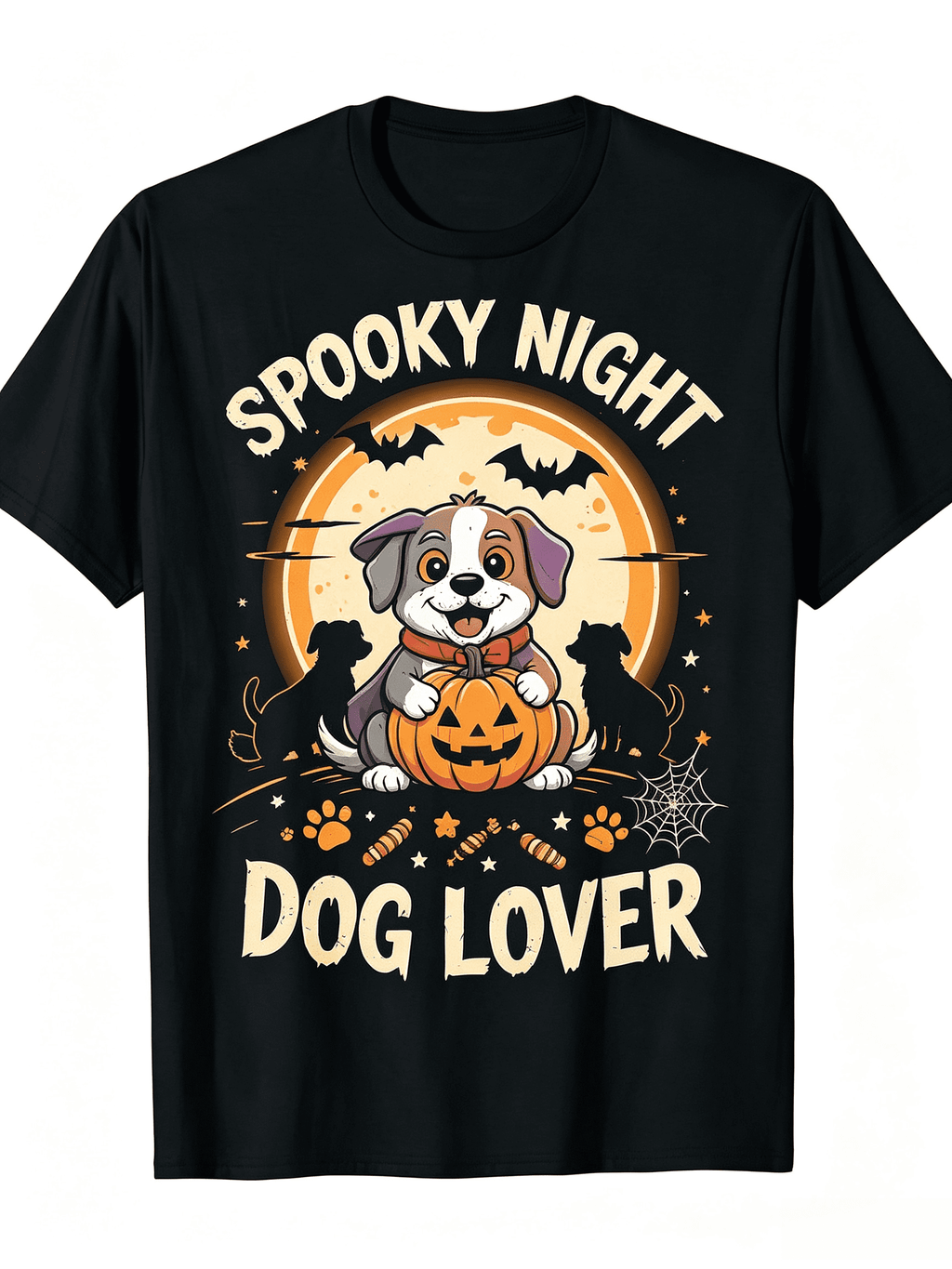Spooky Night Dog Lover T-Shirt Halloween Pumpkin Puppy Bat Moon Graphic Tee