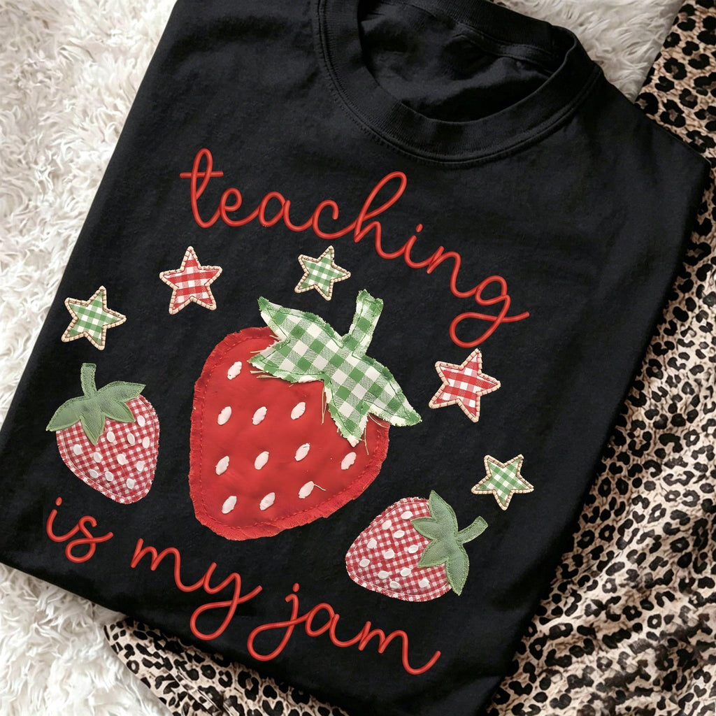 Teaching Is My Jam Strawberry Graphic Tee Retro Patchwork Style Teacher Era Short Sleeve T-Shirt Casual Top