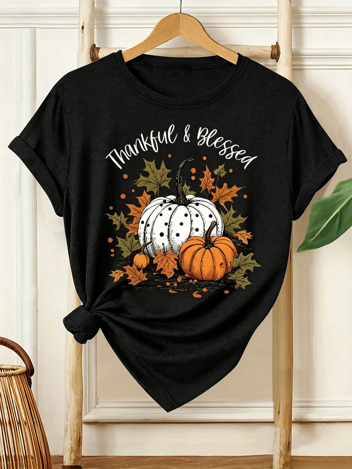 Thankful & Blessed T-Shirt Fall Pumpkin Maple Leaf Thanksgiving Graphic Tee