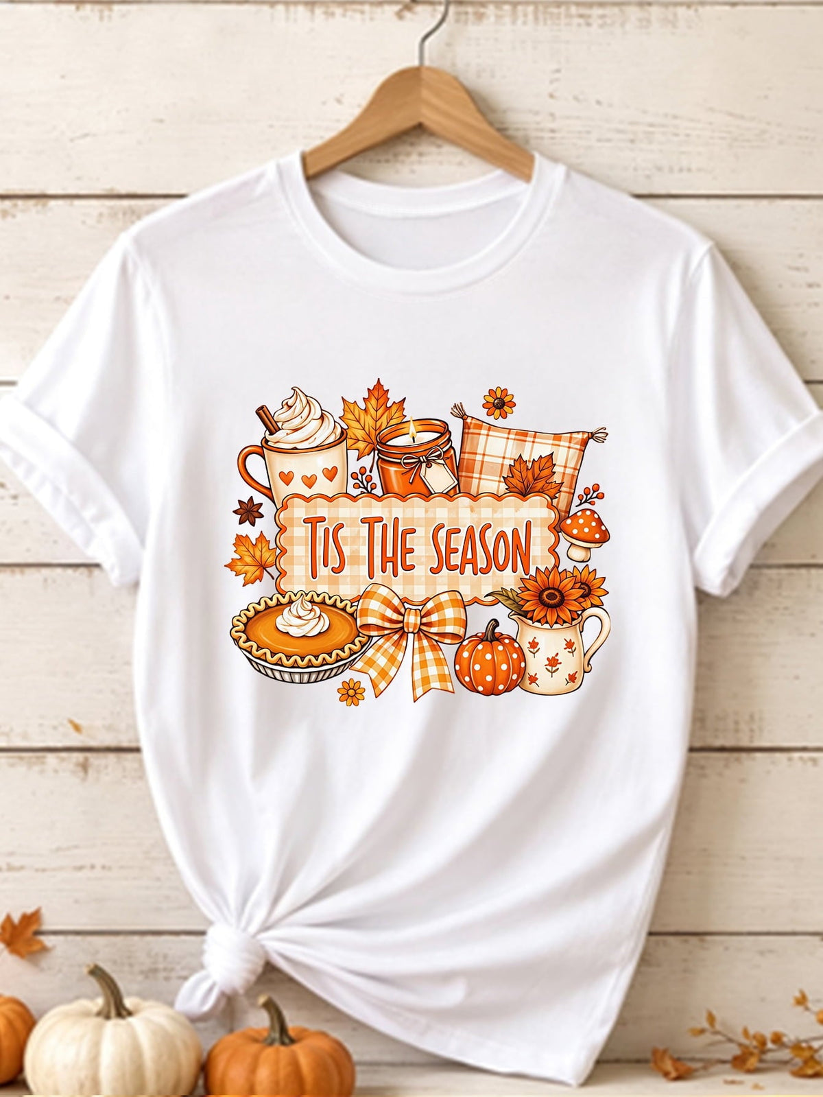 Tis The Season T-Shirt Pumpkin Pie Sunflower Plaid Bow Graphic Tee Women Fall Thanksgiving