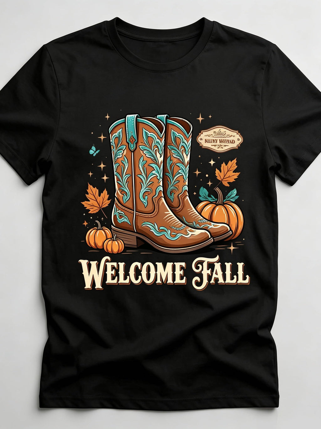 Western Fall T-Shirt Cow Print Pumpkin Teal Bow Cowboy Hat Boots Horse Wagon Hello Welcome Cozy Vibes Pumpkin Season Graphic Tee