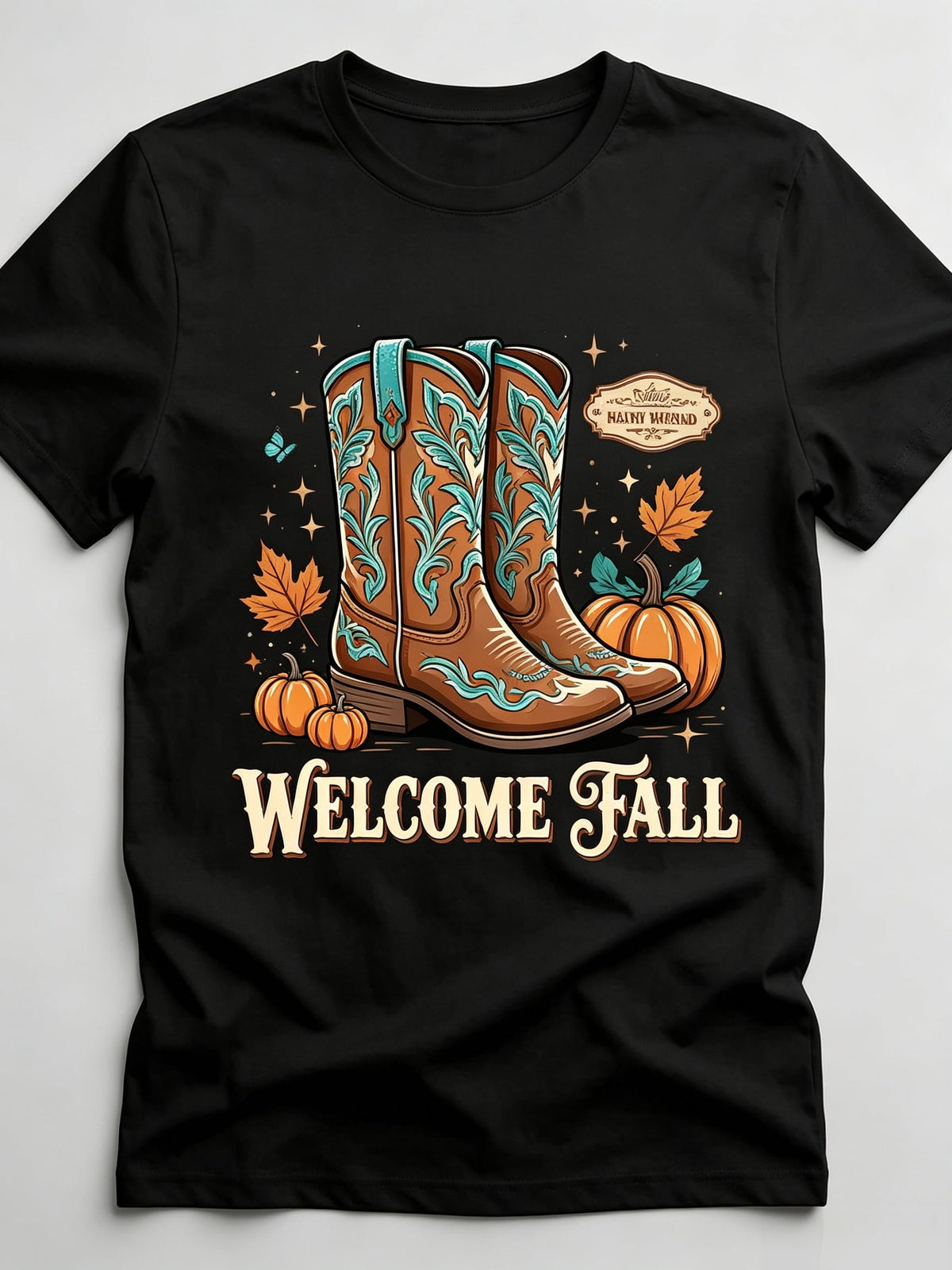 Western Fall T-Shirt Cow Print Pumpkin Teal Bow Cowboy Hat Boots Horse Wagon Hello Welcome Cozy Vibes Pumpkin Season Graphic Tee