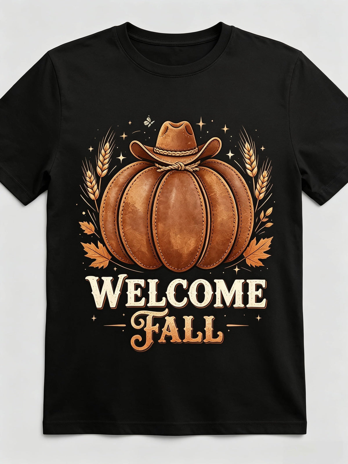 Western Fall T-Shirt Cow Print Pumpkin Teal Bow Cowboy Hat Boots Horse Wagon Hello Welcome Cozy Vibes Pumpkin Season Graphic Tee