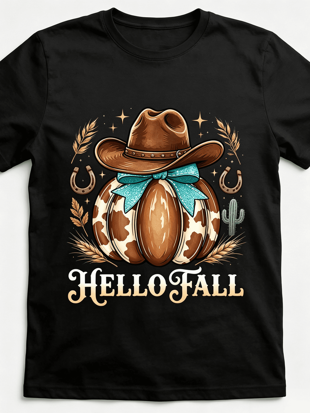 Western Fall T-Shirt Cow Print Pumpkin Teal Bow Cowboy Hat Boots Horse Wagon Hello Welcome Cozy Vibes Pumpkin Season Graphic Tee