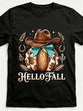 Western Fall T-Shirt Cow Print Pumpkin Teal Bow Cowboy Hat Boots Horse Wagon Hello Welcome Cozy Vibes Pumpkin Season Graphic Tee