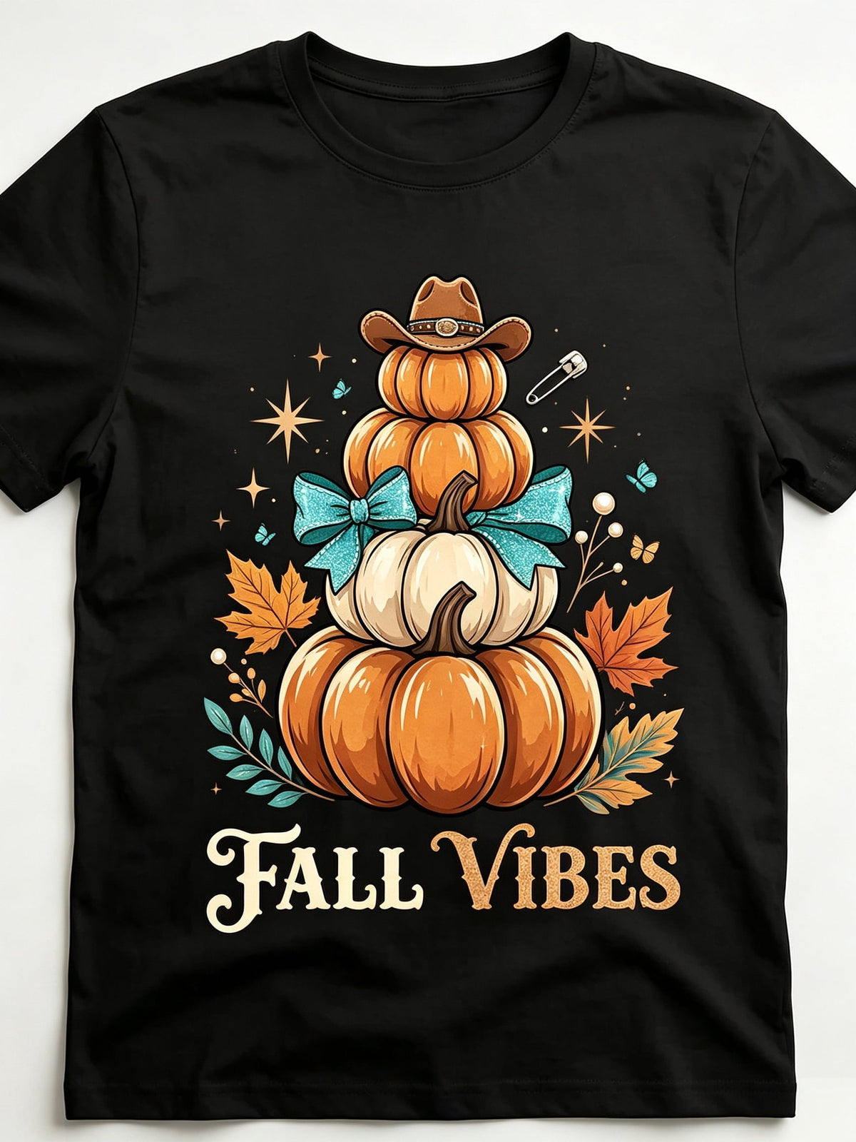 Western Fall T-Shirt Cow Print Pumpkin Teal Bow Cowboy Hat Boots Horse Wagon Hello Welcome Cozy Vibes Pumpkin Season Graphic Tee