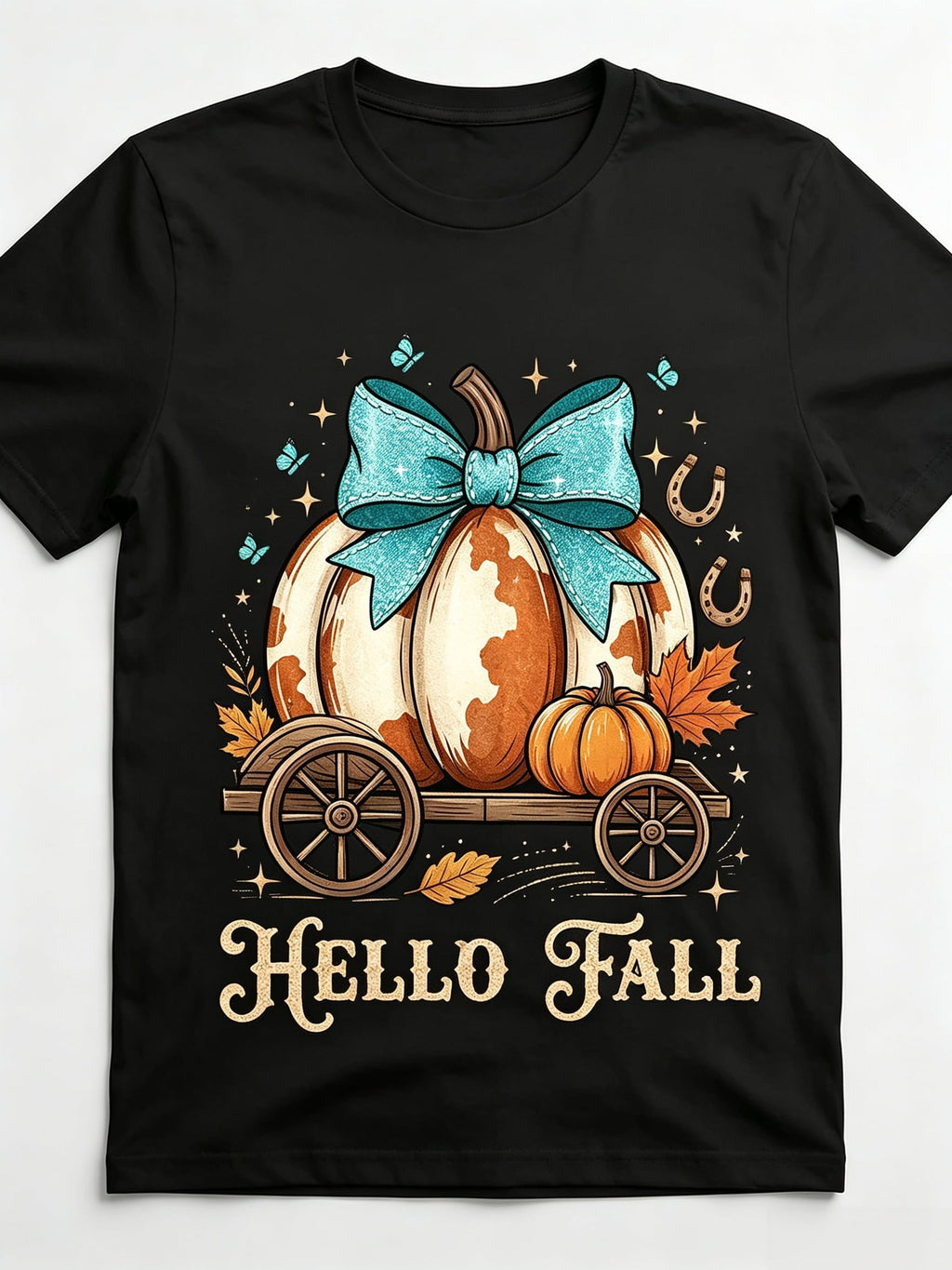 Western Fall T-Shirt Cow Print Pumpkin Teal Bow Cowboy Hat Boots Horse Wagon Hello Welcome Cozy Vibes Pumpkin Season Graphic Tee