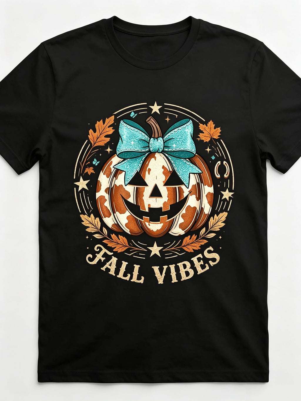 Western Fall T-Shirt Cow Print Pumpkin Teal Bow Cowboy Hat Boots Horse Wagon Hello Welcome Cozy Vibes Pumpkin Season Graphic Tee