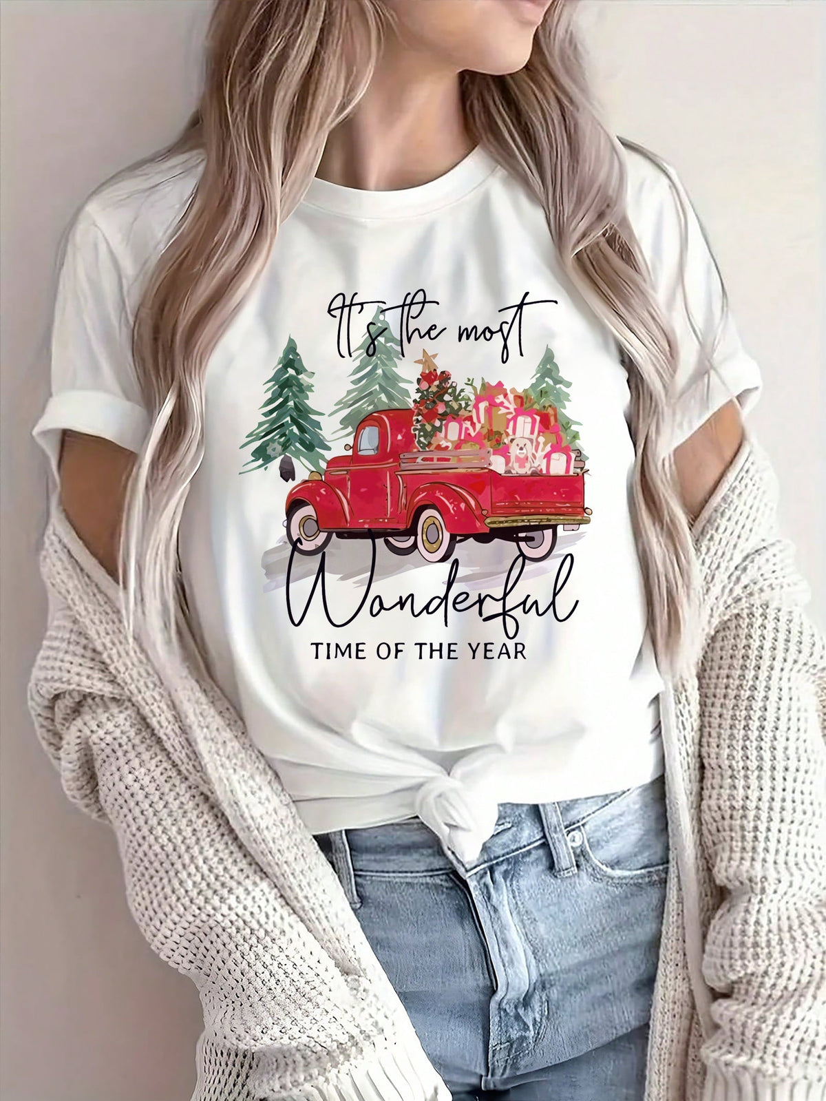 White Christmas Graphic T-Shirt Women's Red Truck With Gifts & Dog Pine Tree Print "Wonderful Time" Casual Short Sleeve Tee