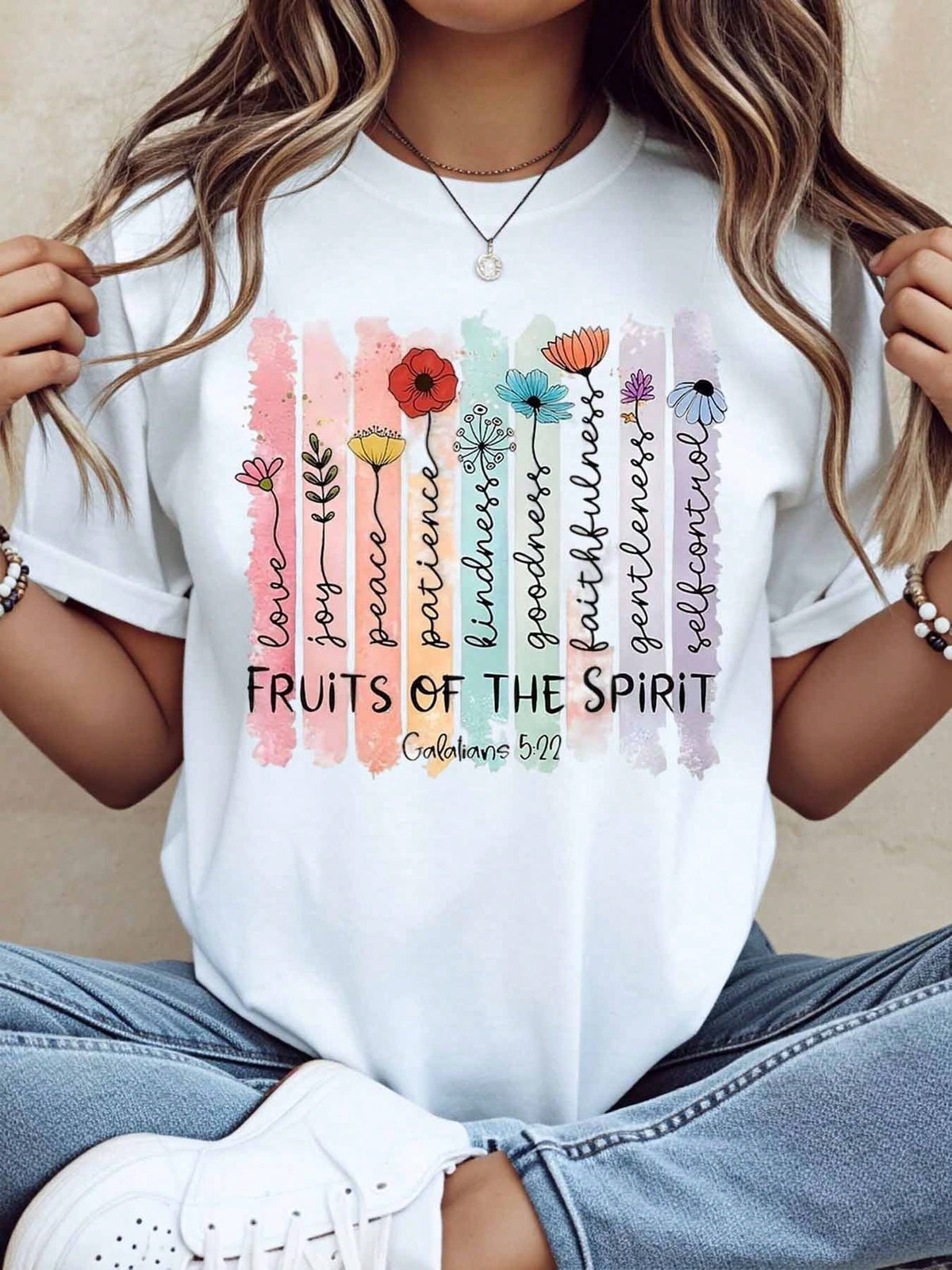 Women Casual T Shirt Fruits Of The Spirit Floral Design With Bible Verse Galatians 522 For Everyday Wear And Religious Events