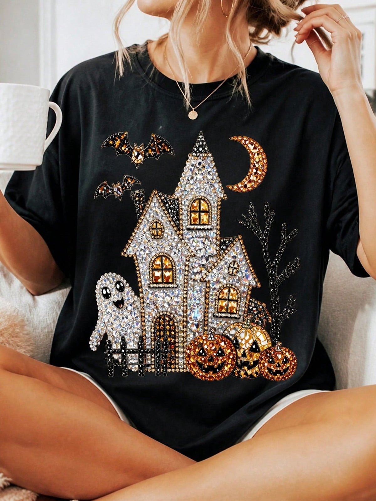 Women Halloween Cute Pearl Ghost Print Crew Neck Short Sleeve Tee,Summer/Fall Halloween Clothing，Women Tshirts