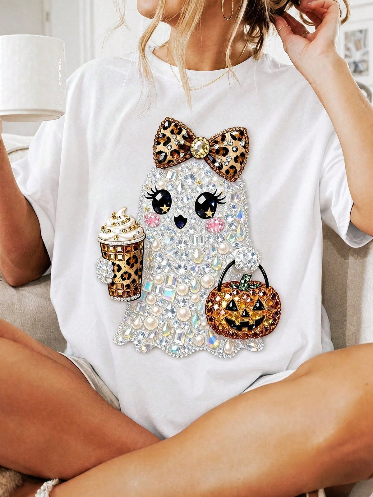Women Halloween Cute Pearl Ghost Print Crew Neck Short Sleeve Tee,Summer/Fall Halloween Clothing，Women Tshirts