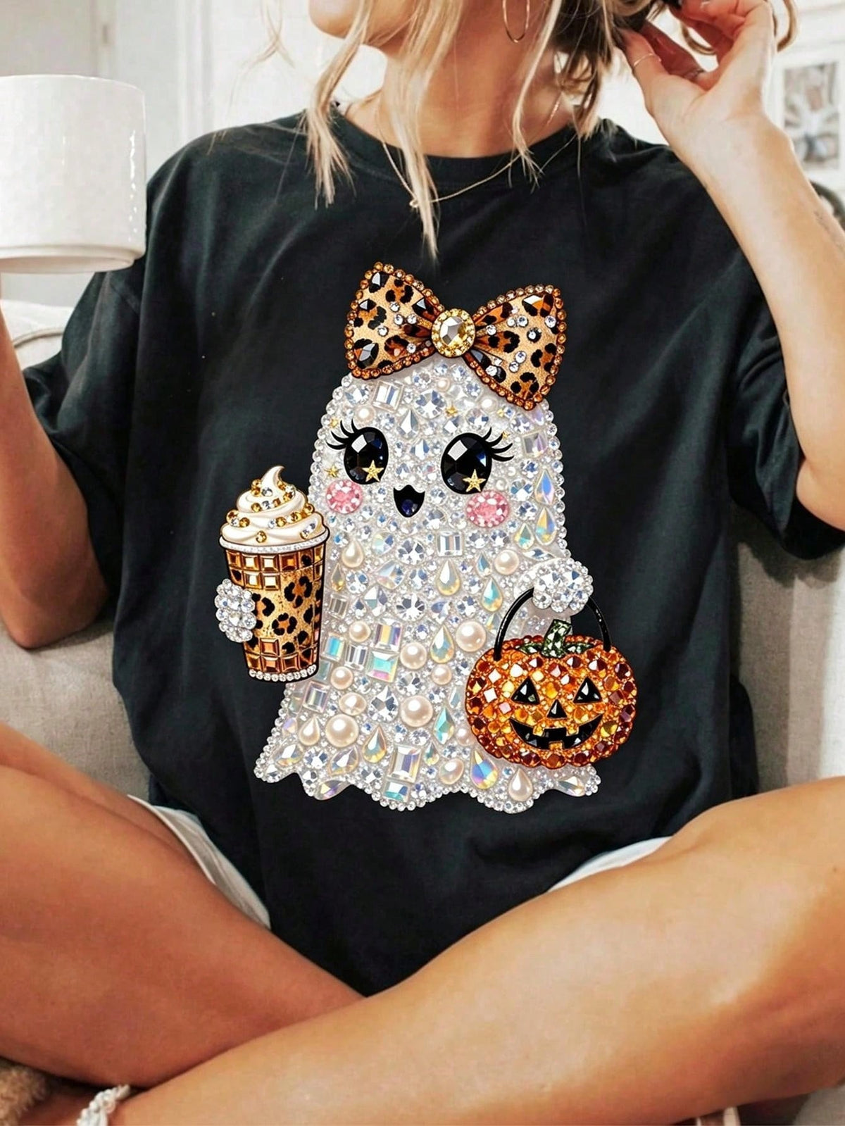 Women Halloween Cute Pearl Ghost Print Crew Neck Short Sleeve Tee,Summer/Fall Halloween Clothing，Women Tshirts