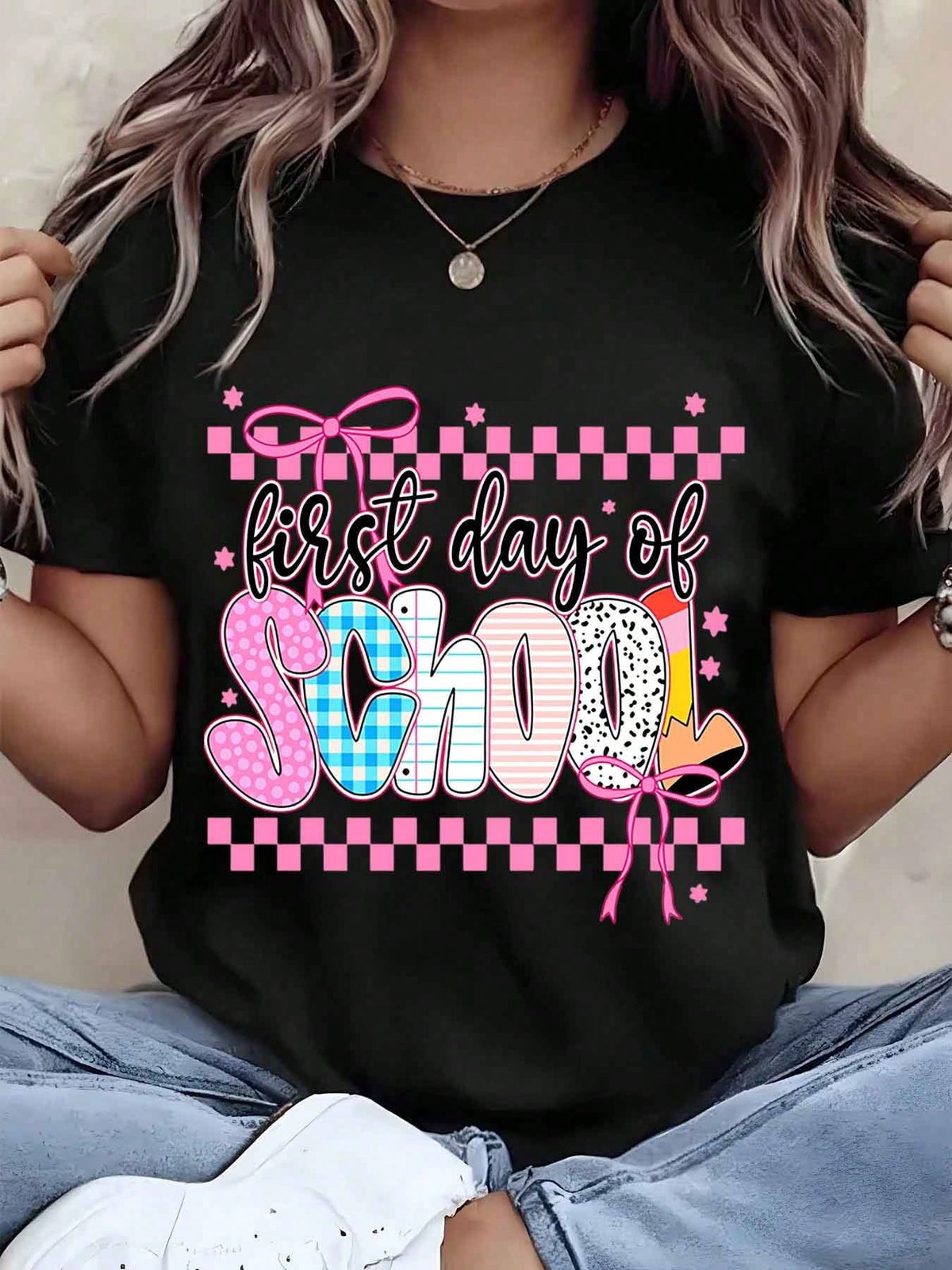 Women T Shirt First Day Of School Printed Design With Pink Bow And Checkered Pattern Crew Neck Tee