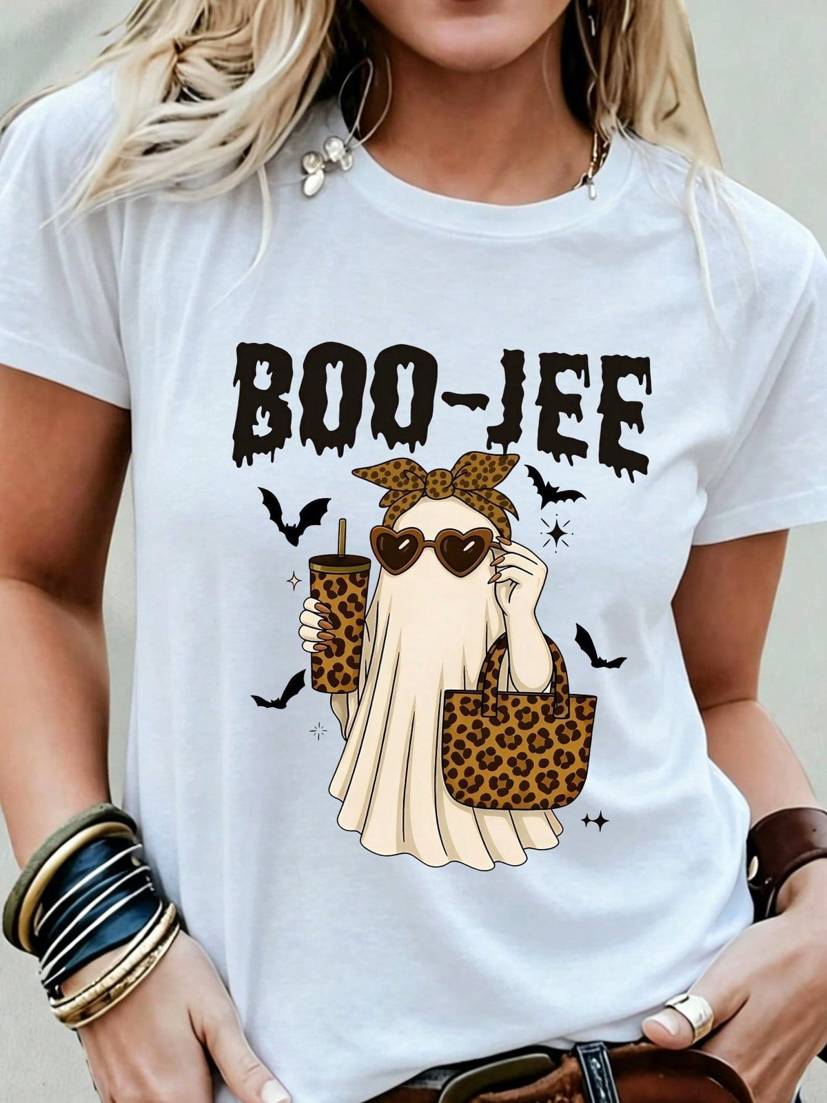 Women's Casual Crew Neck T-Shirt Boo-Jee Leopard Print Printed T-Shirt, Soft Stretchy Casual Short Sleeve Top