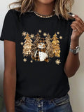 Women’s Christmas Snowman Graphic T‑Shirt, Leopard Plaid Christmas Tree Festive Casual Holiday Top，Women Tshirts