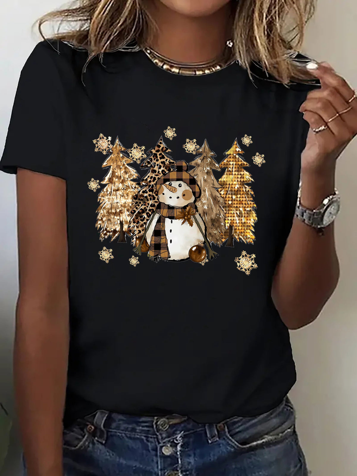 Women’s Christmas Snowman Graphic T‑Shirt, Leopard Plaid Christmas Tree Festive Casual Holiday Top，Women Tshirts