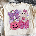 Women's Cute Halloween Graphic T-Shirt – Featuring Pink Pumpkin, Ghost, Bow, And Bat Designs