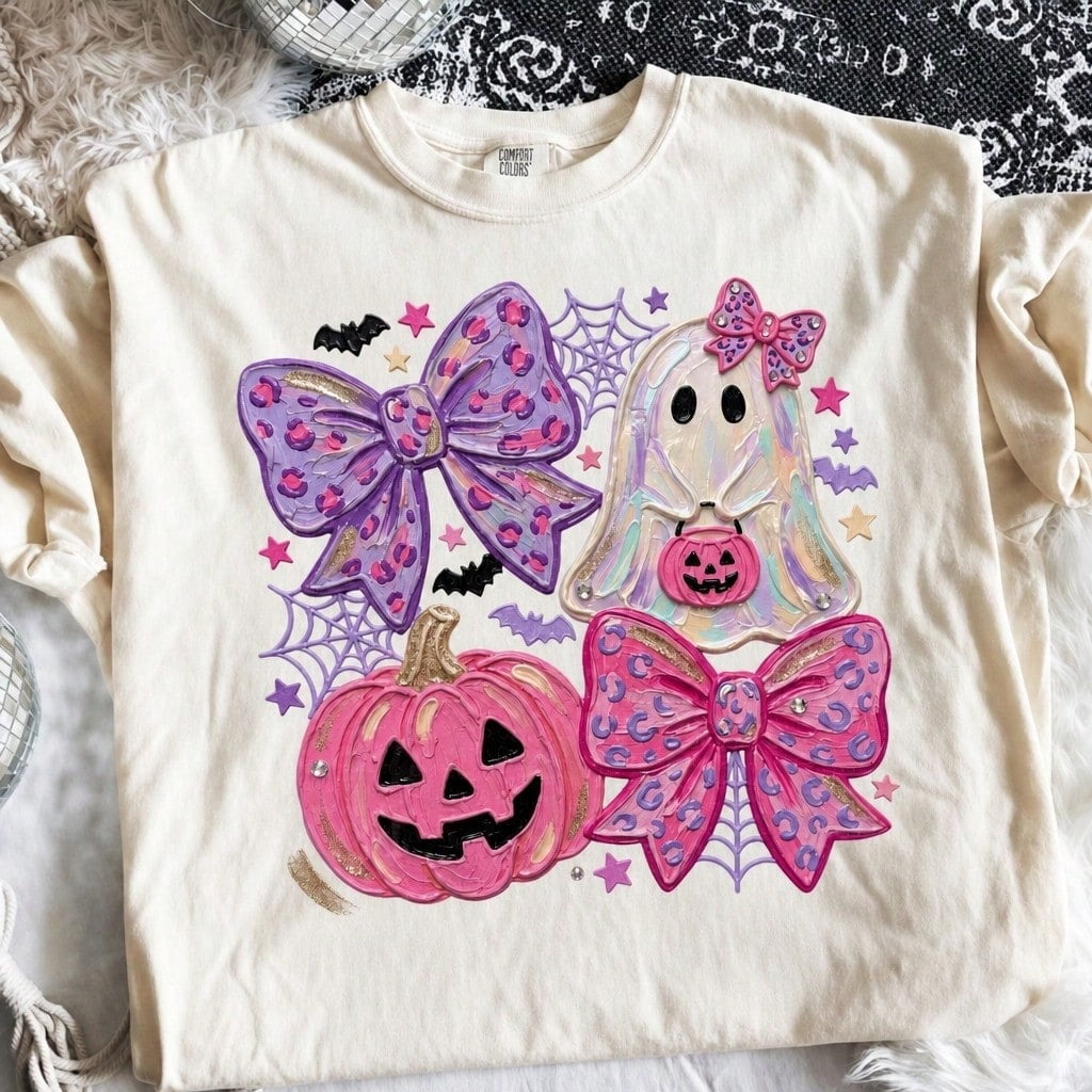 Women's Cute Halloween Graphic T-Shirt – Featuring Pink Pumpkin, Ghost, Bow, And Bat Designs