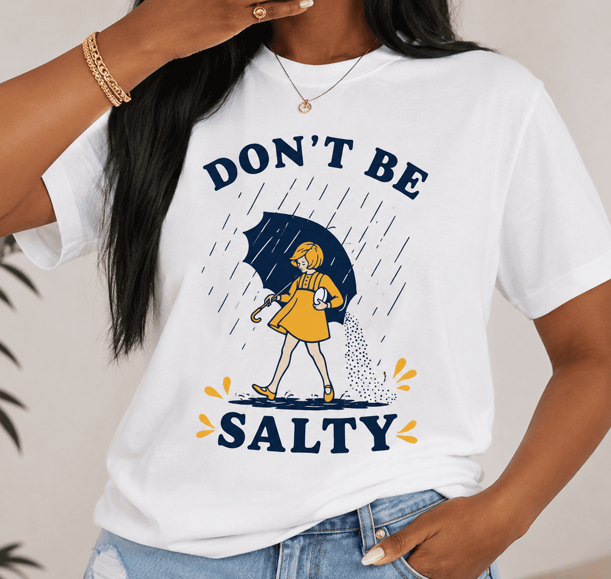 Women's Don't Be Salty Graphic T-Shirt Funny Rain Umbrella Girl Print Casual Short Sleeve Crewneck Cotton Tee