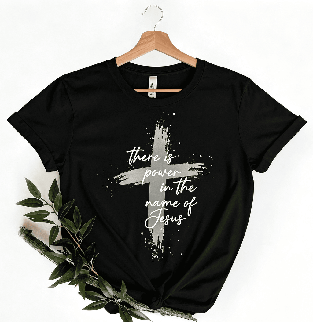 Women’s Faith Cross Graphic Short‑Sleeve T‑Shirt, There is Power in The Name of Jesus Letter Print Casual Christian Top