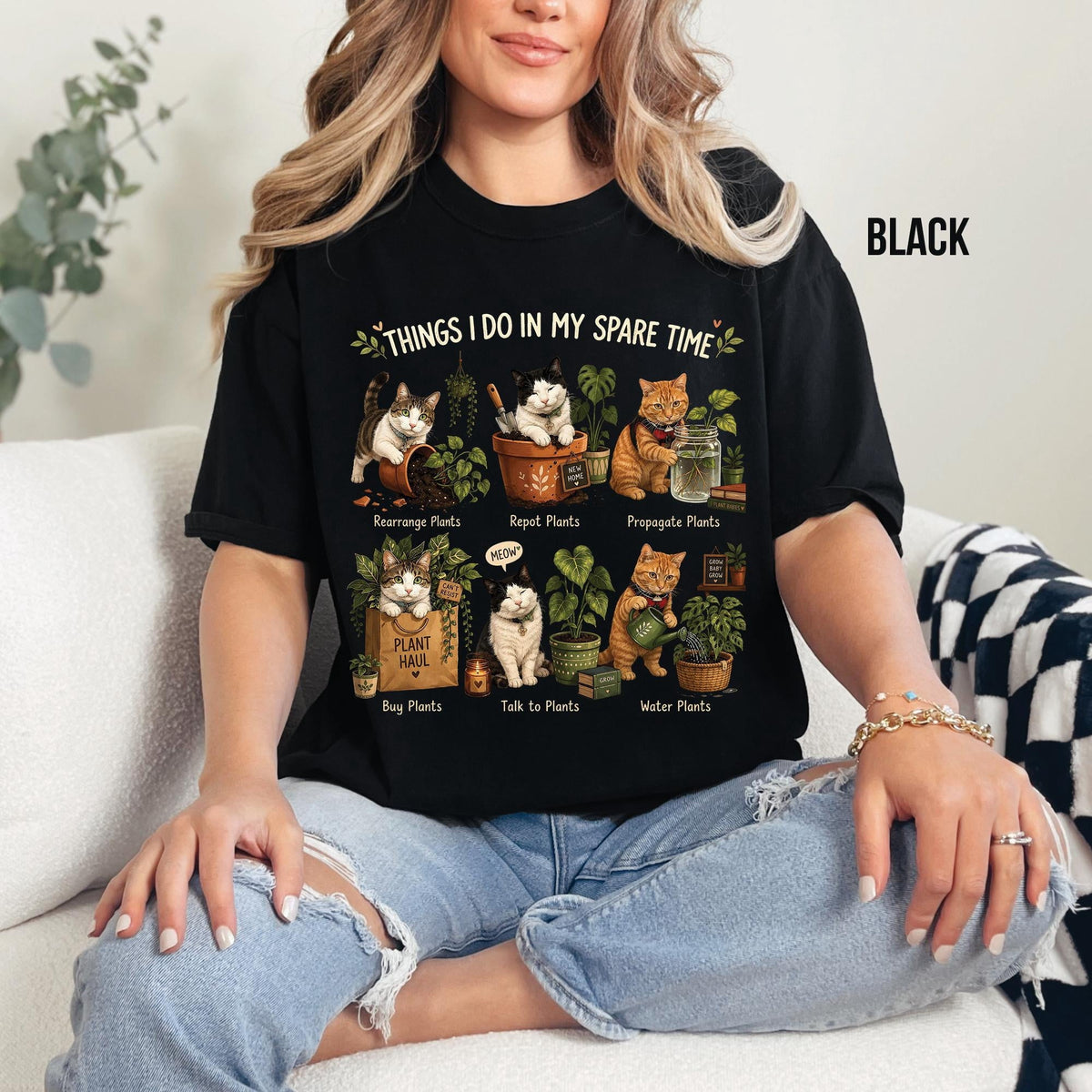 Women’s Funny Cat Plant Mom Graphic Short‑Sleeve T‑Shirt, Plant Lover Casual Vintage Top，Women Tshirts