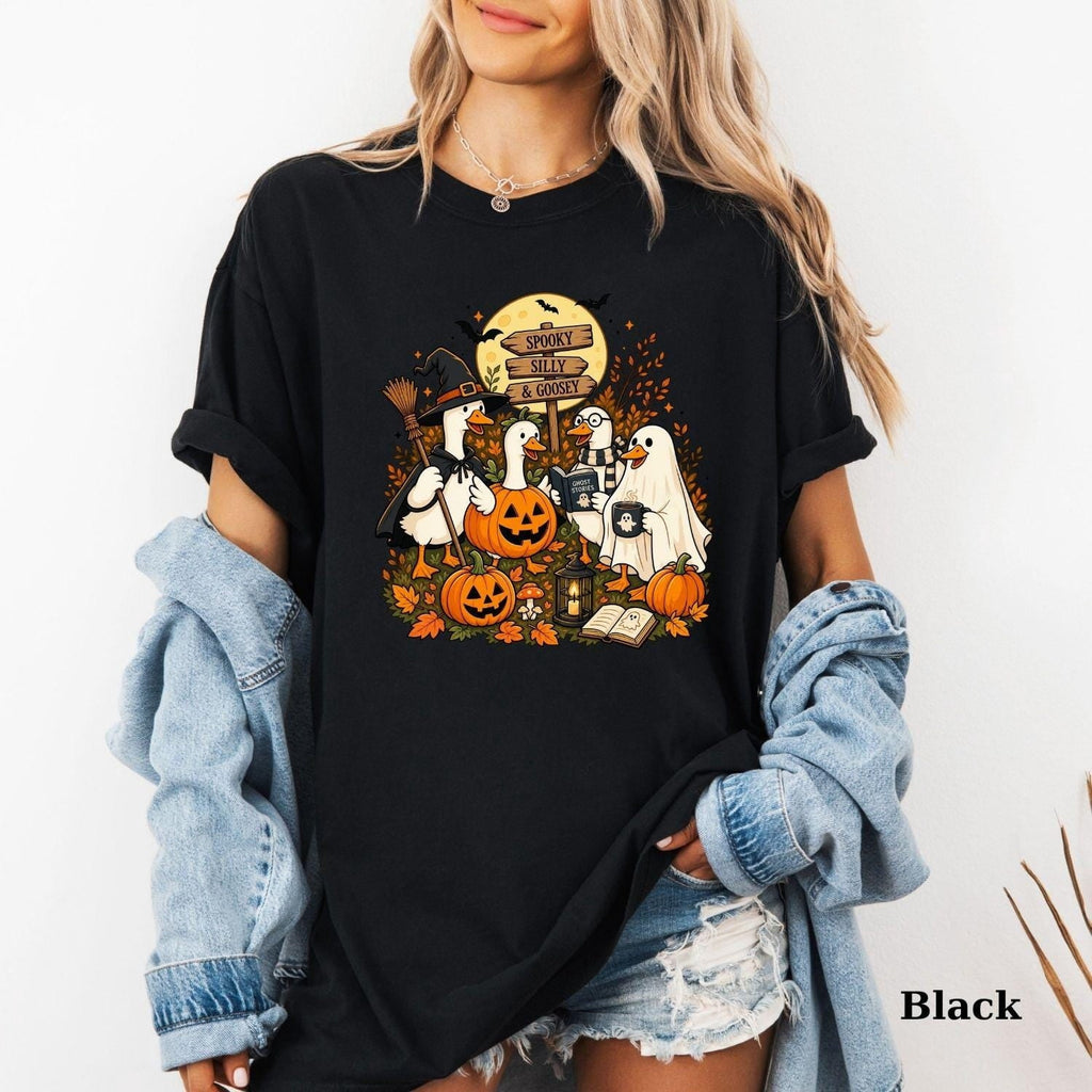 Women’s Halloween Silly Goose Graphic Short‑Sleeve T‑Shirt, Spooky Ghost Pumpkin Fall Casual Tshirts Women Clothing