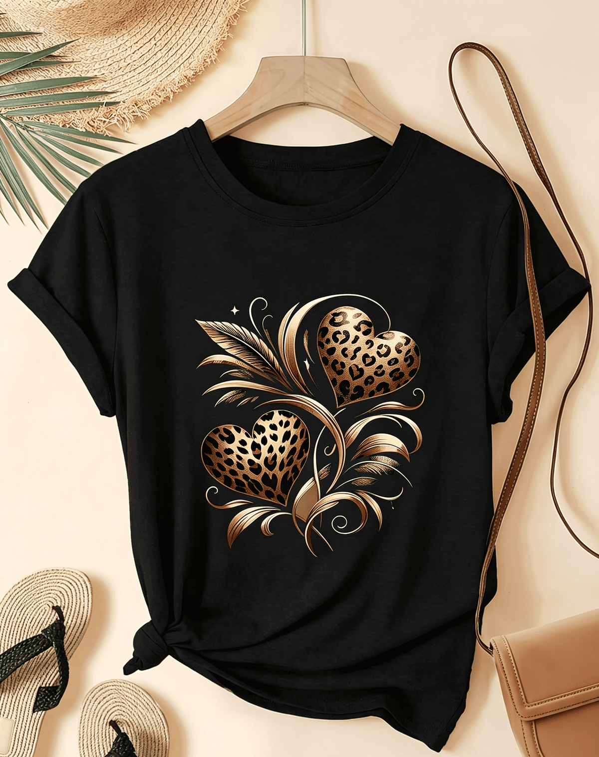 Women’s Leopard Heart Graphic Short‑Sleeve T‑Shirt, Round Neck Casual Spring Summer Daily Wear Top，Women Clothing