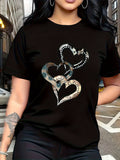 Women’s Metallic Heart Graphic Short‑Sleeve T‑Shirt, Simple Round Neck Casual Tee for Leisure Travel and Vacation