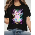 Women’s Neon Bow Ghost Boo Graphic Short‑Sleeve T‑Shirt, Playful Spooky Halloween Crew Neck Casual Top