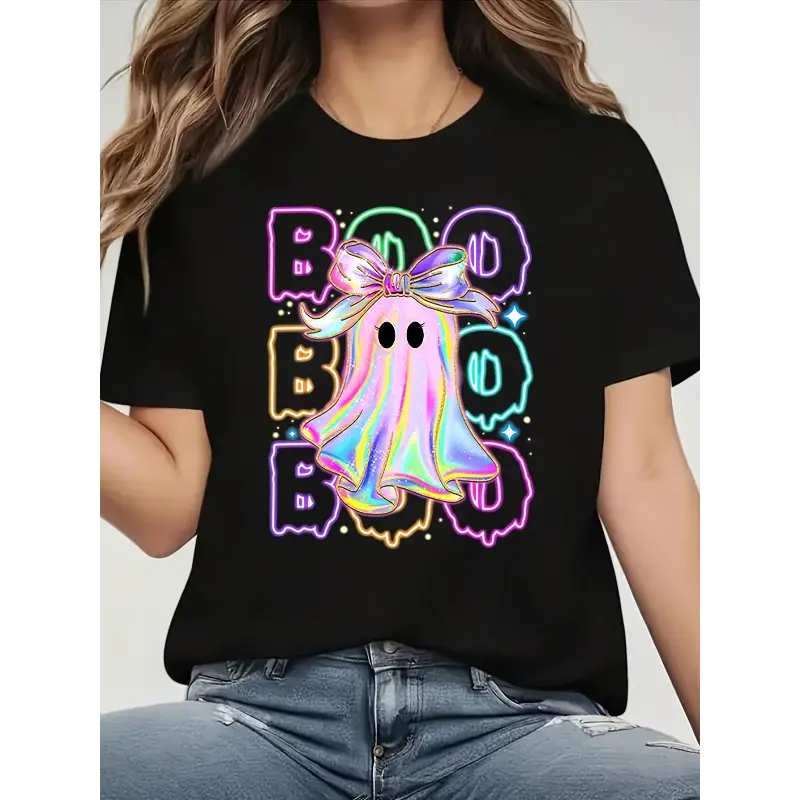 Women’s Neon Bow Ghost Boo Graphic Short‑Sleeve T‑Shirt, Playful Spooky Halloween Crew Neck Casual Top