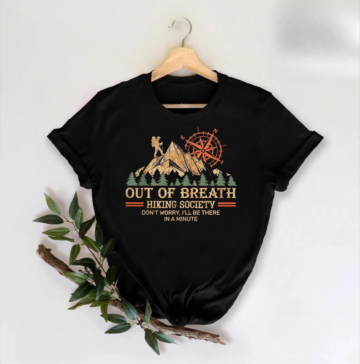 Women’s Out Of Breath Hiking Society Graphic Short‑Sleeve T‑Shirt, Mountain Compass Hiking Casual Tshirts