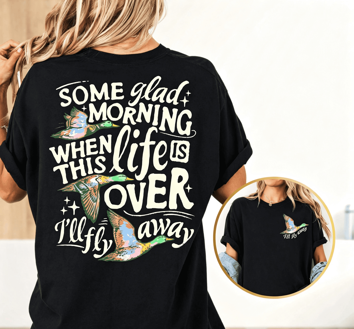 Women’s Retro Christian Hymn Graphic Short‑Sleeve T‑Shirt, I’ll Fly Away Mallard Duck Faith Print Casual Top，Women Tshirts