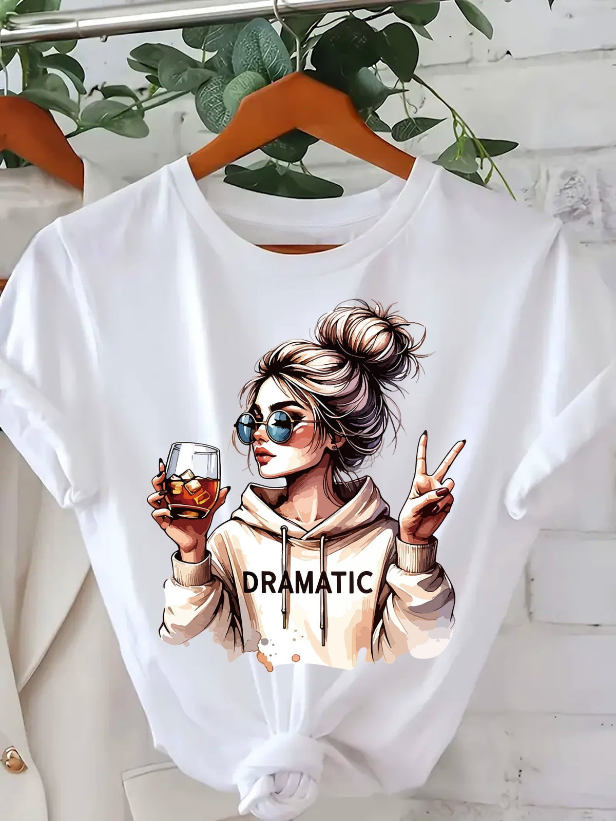 Women's Round Neck Short Sleeve T-Shirt, Trendy "Dramatic" Girl With Drink Graphic Print Casual Summer Tee For Women