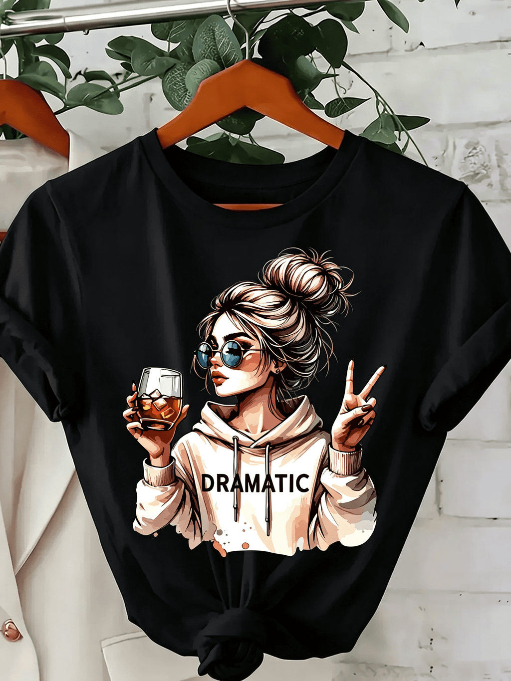 Women's Round Neck Short Sleeve T-Shirt, Trendy "Dramatic" Girl With Drink Graphic Print Casual Summer Tee For Women