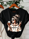 Women's Round Neck Short Sleeve T-Shirt, Trendy "Dramatic" Girl With Drink Graphic Print Casual Summer Tee For Women
