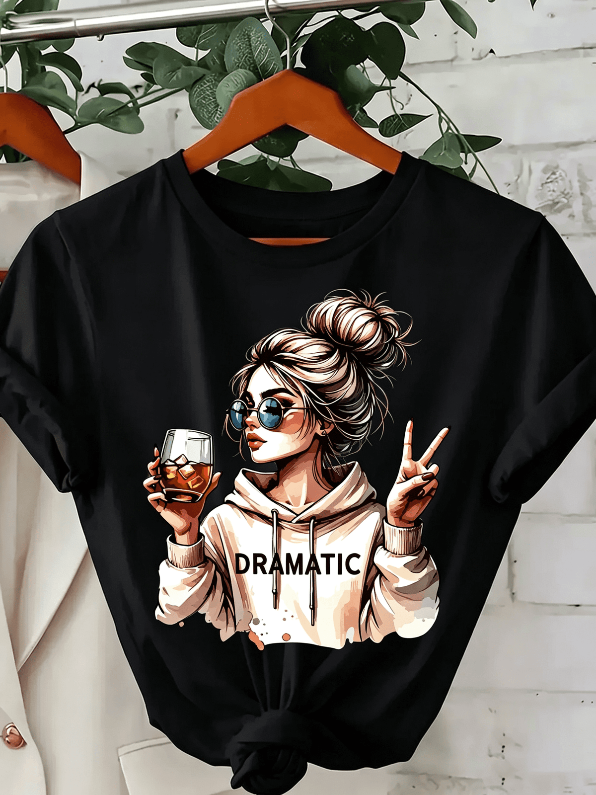 Women's Round Neck Short Sleeve T-Shirt, Trendy "Dramatic" Girl With Drink Graphic Print Casual Summer Tee For Women