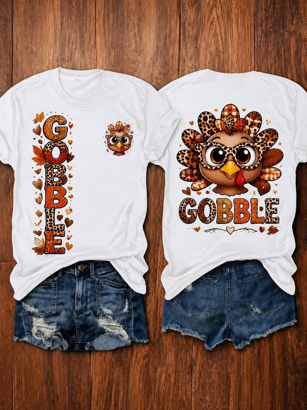 Women's Thanksgiving Turkey T-Shirt, Double-Sided Leopard Plaid Gobble Graphic Tee, Fall Short Sleeve Crew Neck Casual Top