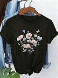 Women's Watercolor Floral Butterfly T-Shirt Botanical Graphic Tee Short Sleeve Crewneck Casual Top