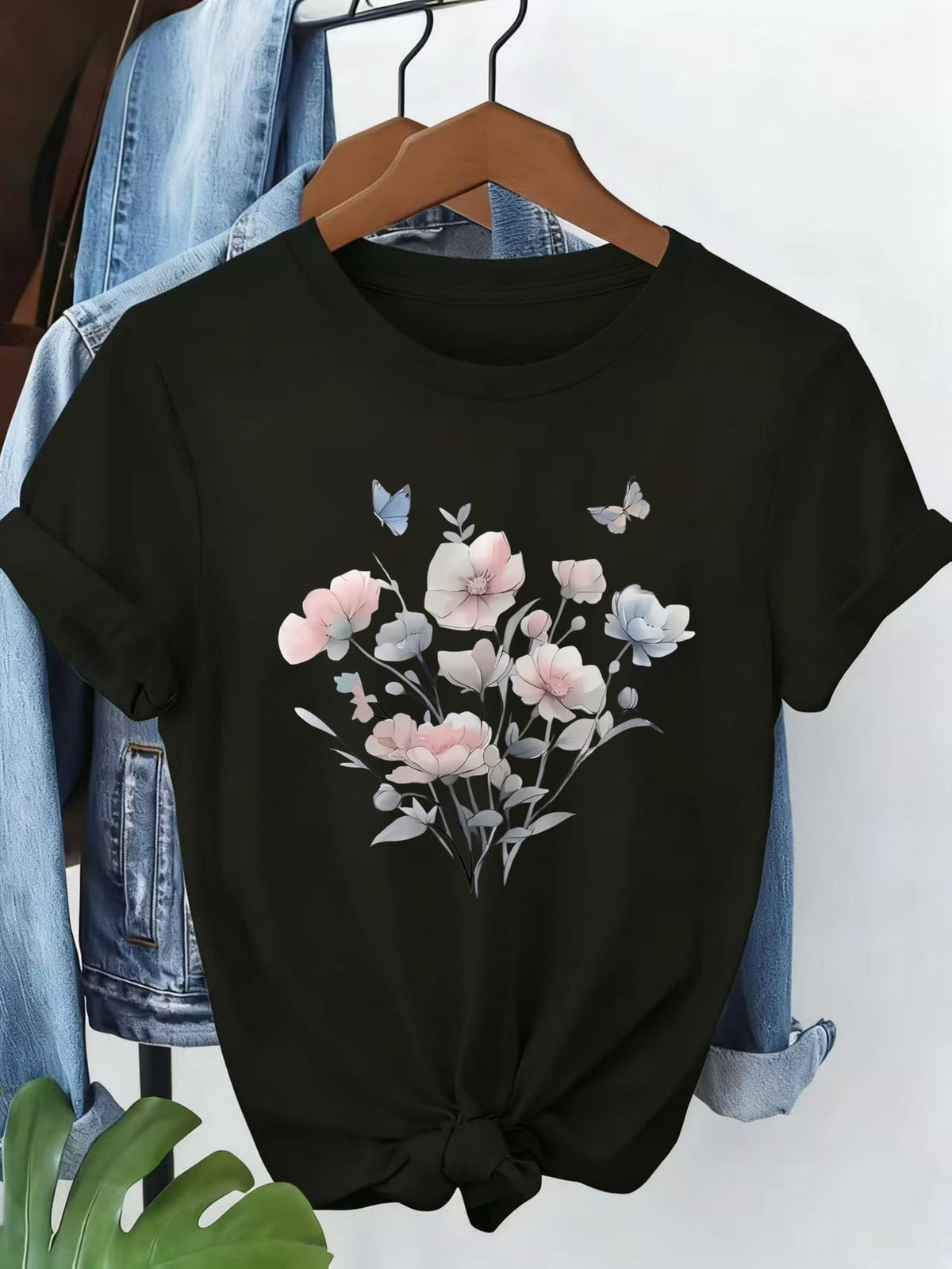Women's Watercolor Floral Butterfly T-Shirt Botanical Graphic Tee Short Sleeve Crewneck Casual Top